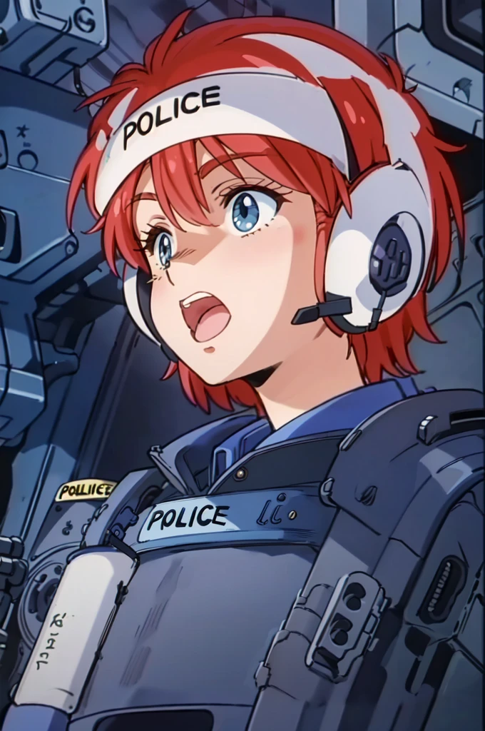 leonaozaki, 1girl, red hair, short hair, mature, solo, close up face, short hair, police uniform, armoured, police headset, mouth open, shout, <lora:Leona_Dominion_Tank_Police-000012:1>