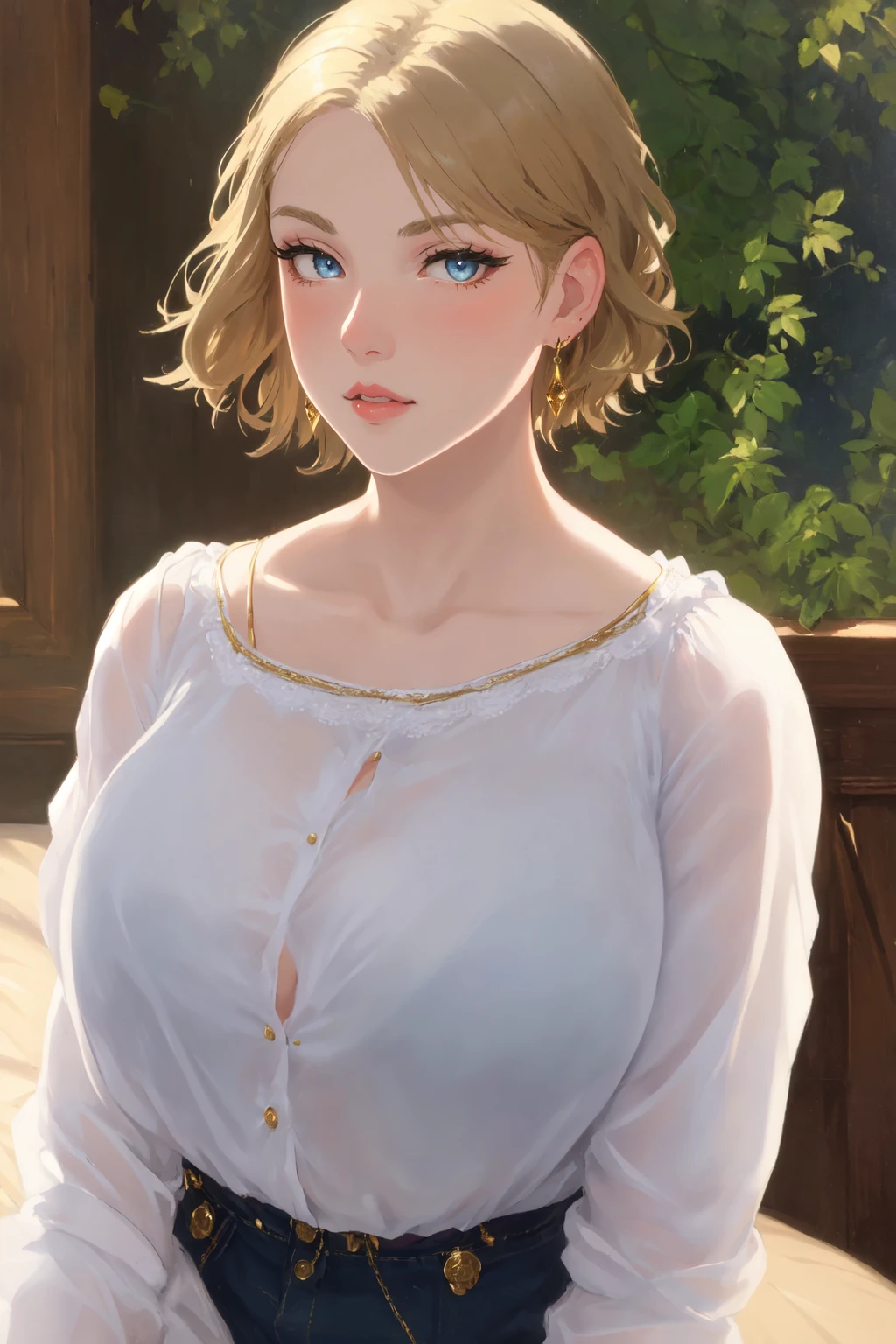 Victorian oil painting of a beautiful girl with short blonde hair and parted bangs
BREAK huge breasts, cleavage, semi transparent silk shirt with lace patterns, lace bra, gold buttons, gold embroidery, jeans
BREAK gold earrings, blue eyes, shiny wood finish
BREAK siting on a bed next to a window, trees, forest
BREAK art by Monet
