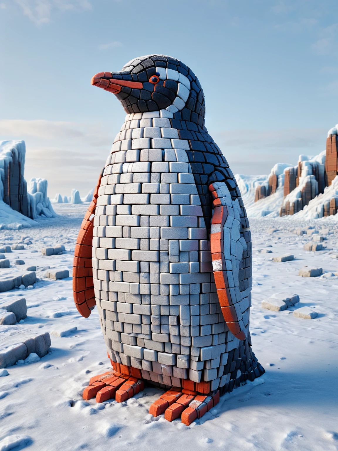 Frost covered ais-brickz penguin, standing in the tundra <lora:Bricks_Style_SDXL:1>