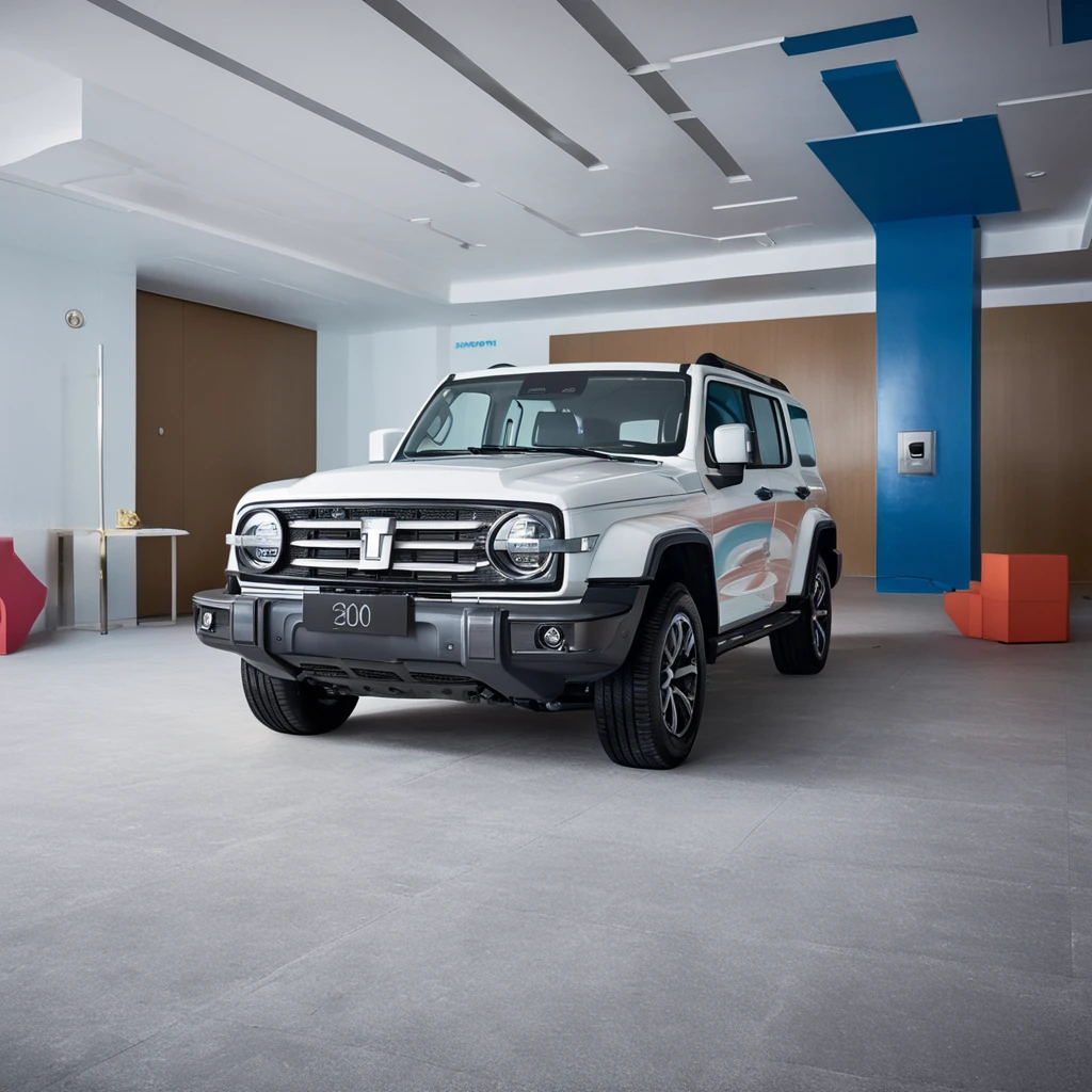 a white gwm txxx parked in a room with blue strips on the ceiling. Eye-level product film photography, depth of field, shot on 120mm, shot on Hasselblad, Cross Processing Color grading <lora:GWMTank300_V2.0:1>