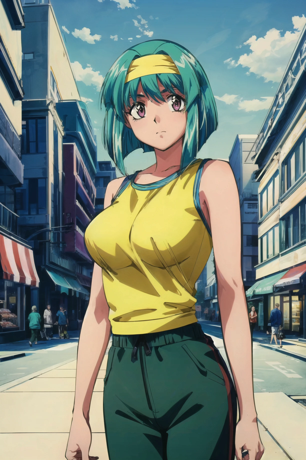 masterpiece, best quality, extremely detailed 8K wallpaper,  1girl,  looking at viewer,  volumetric lighting, best anatomy, detailed eyes, beautiful eyes, best shadow, ultra detailed,  <lora:add_detail:0.5>,  urban park, green oasis, joggers, families, vibrant, <lora:maya_FW:0.9>, yellow hairband
