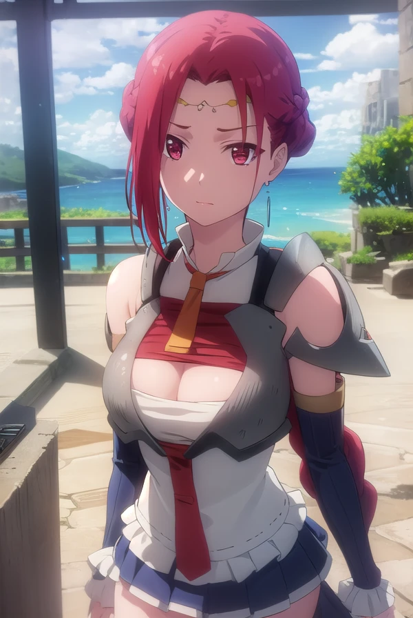 pinacolada, <lora:pina co lada s1s2-lora-nochekaiser:1>,
pina co lada, short hair, (red eyes:1.3), red hair, braid, single braid, braided ponytail,
BREAK skirt, thighhighs, cleavage, jewelry, earrings, detached sleeves, cape, armor, cleavage cutout, circlet,
BREAK outdoors, forest, nature, sun, sky, clouds, trees, grass,
BREAK looking at viewer, (cowboy shot:1.5),
BREAK <lyco:GoodHands-beta2:1>, (masterpiece:1.2), best quality, high resolution, unity 8k wallpaper, (illustration:0.8), (beautiful detailed eyes:1.6), extremely detailed face, perfect lighting, extremely detailed CG, (perfect hands, perfect anatomy),