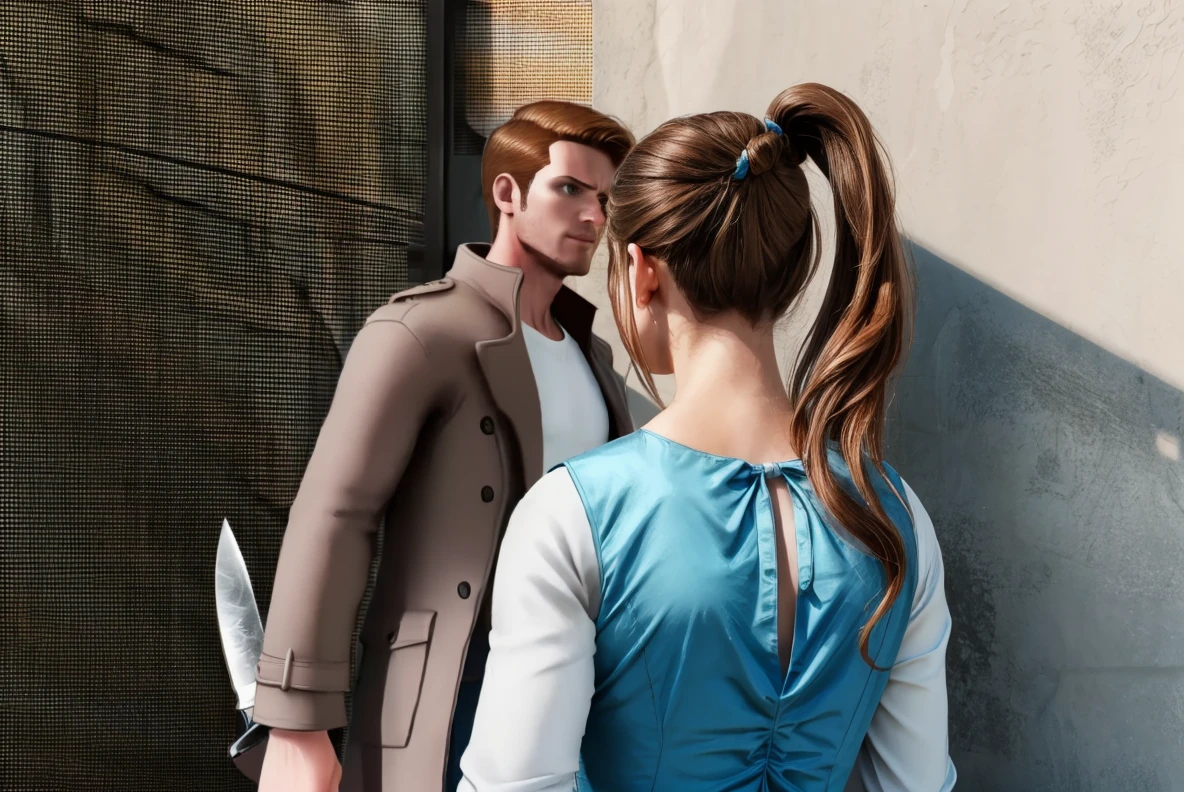 photorealistic, (RAW photo), from side, facing another,
BREAK
brenthalligan, 1boy, <lora:BrentHalligan:0.4>, holding weapon, (knife:1.2), stab, brown coat, white shirt,
BREAK
1girl, ponytail, blue dress shirt, brown hair, long hair, injury, blood