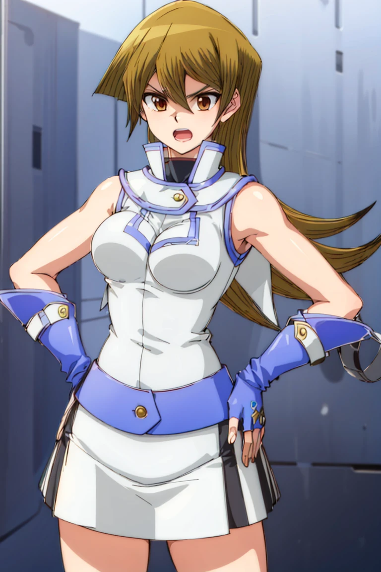 Tenjoin Asuka,1girl,solo,gloves,skirt,fingerless gloves,open mouth,breasts,sleeveless,miniskirt,hands on hips,simple background,medium breasts,bare shoulders,<lora:ææ¥é¦Â·é»åTenjoin Asuka:1>,, (masterpiece), (best quality), HDR, intricate detail,