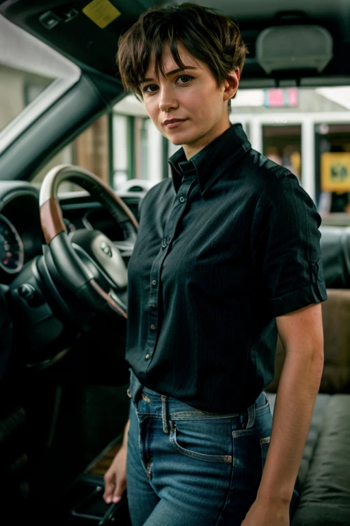 <lora:KW3:1.0> masterpiece, best quality, detailed face, realistic, solo, , k1873w, short_hair, black_hair, K1873W with a black shirt, jeans posing for a picture , vehicle interior