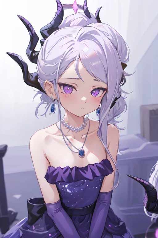 <lora:hina_(dress)_1.5:1>,hina, 1girl, solo, white background, simple background, looking at viewer, blush, closed mouth, alternate hairstyle, ponytail, collarbone, elbow gloves, purple dress, halo, bare shoulders, necklace, earrings, alternate costume