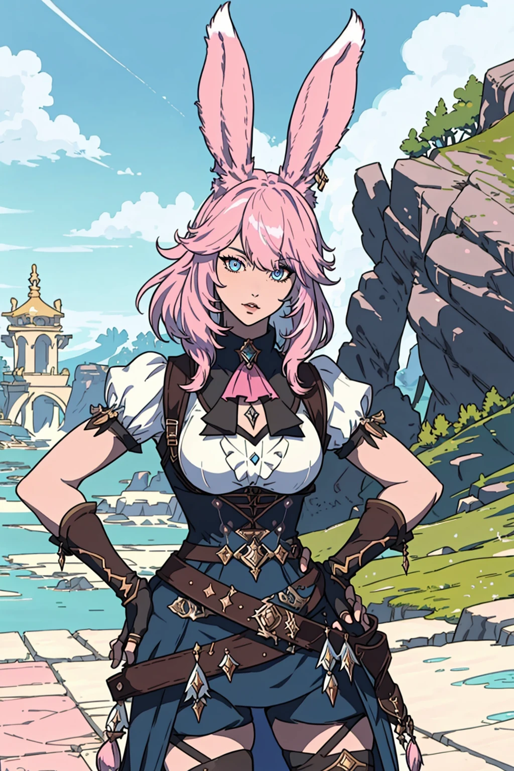 FFXIV_Viera, 1girl, solo, looking at viewer, bangs, blue eyes, gloves, animal ears, jewelry, pink hair, outdoors, belt, fingerless gloves, medium hair, rabbit ears, hand on hip, ascot, heterochromia, viera, masterpiece, official art, best quality, <lora:FFXIVViera:0.7>