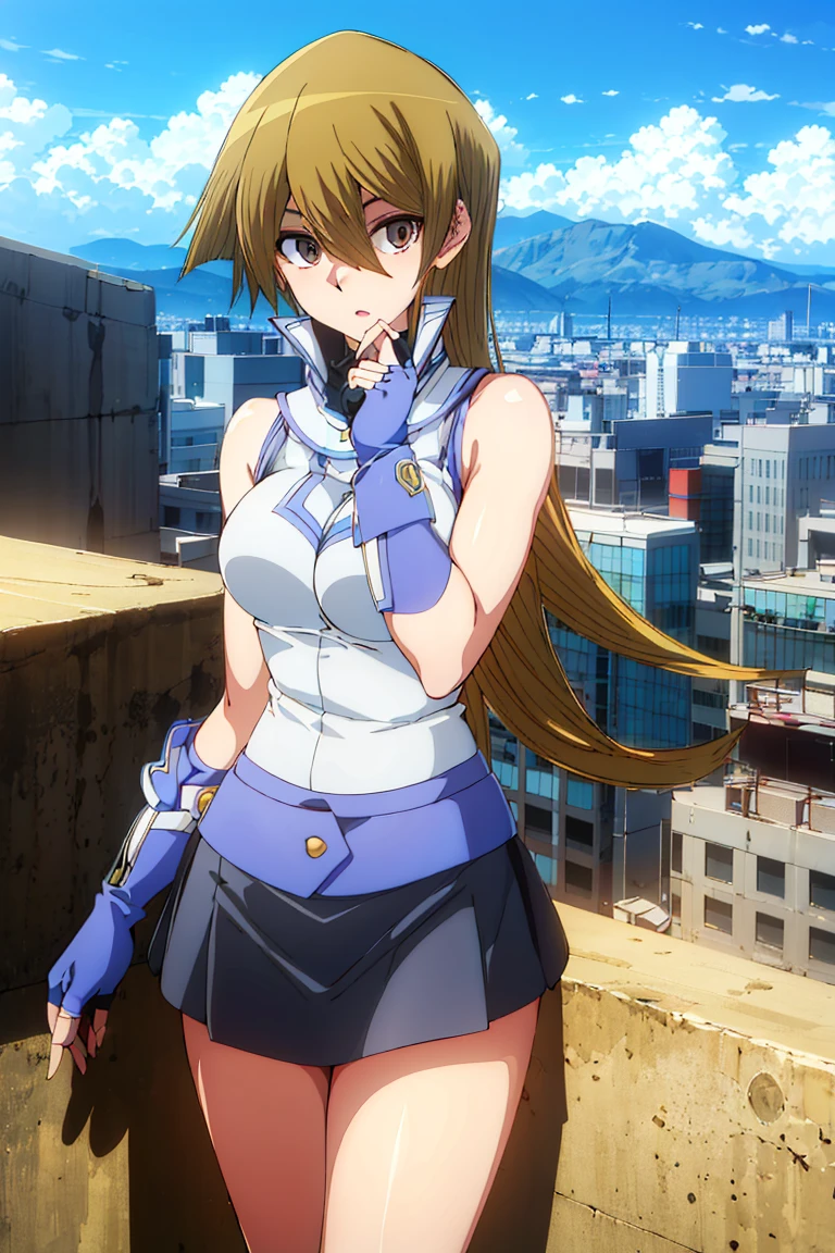 Tenjoin Asuka,1girl,solo,long hair,skirt,fingerless gloves,breasts,sleeveless,miniskirt,medium breasts,bare shoulders,dim eyes,eyes in shadow,hollow eyes,cityscape,blue sky,<lora:ææ¥é¦Â·é»åTenjoin Asuka:1>,sitting posture,, (masterpiece), (best quality), HDR, intricate detail,