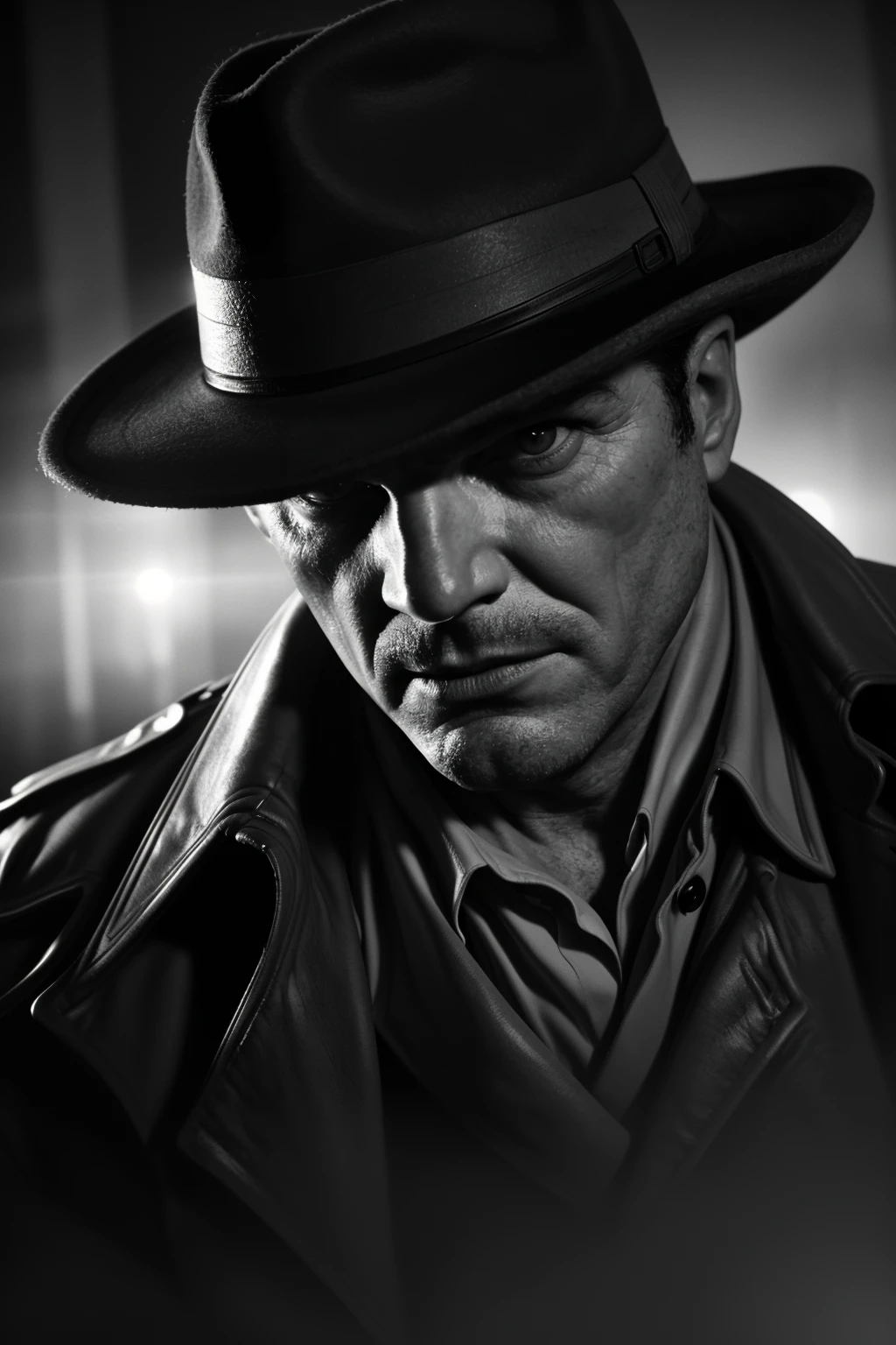 still from a film noir movie of, a 55yo rugged detective, trench coat, fedora, fog, (close-up), skin texture, monochrome, reflected light, night, unkempt, sharp focus, (film grain, vintage),