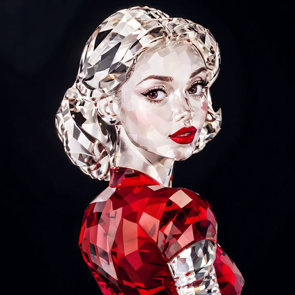 portrait of a beautiful woman,looking over shoulder, red lips,black background,realistic,highly detailed,realistic,lifelike,studio photo,highly detailed,cinematic,masterpiece,intricate,pamcrystal,