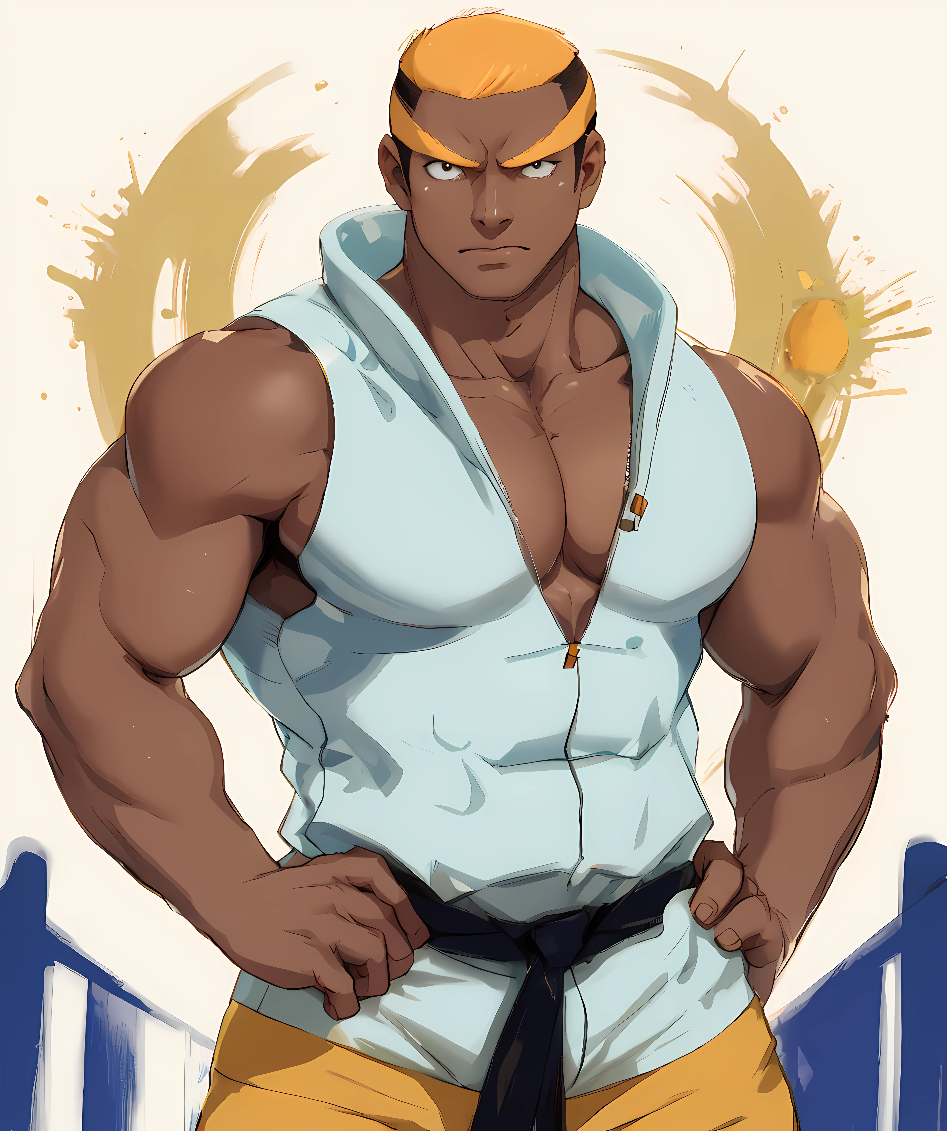 marshal_pokemon, orange eyebrows, orange short hair, dark skin, muscular, (dojo:1.1), white tank top, black jeans, muscular, standing, looking at viewer <lora:Marshal-15:0.75>