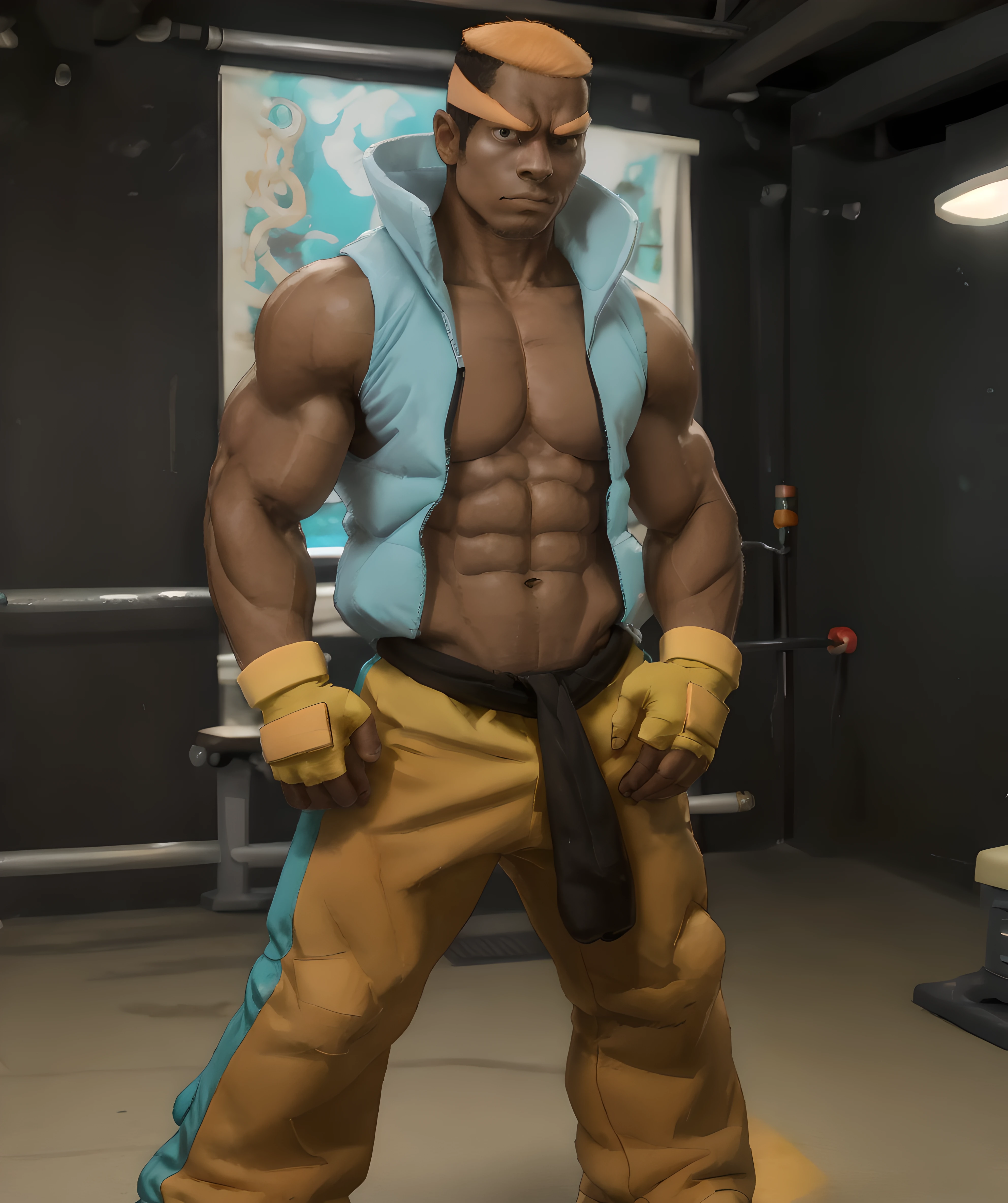 marshal_pokemon, standing, hands on pocket, looking at viewer, teal bands, dark skin, fingerless orange gloves, gym, dojo <lora:Marshal:0.8>