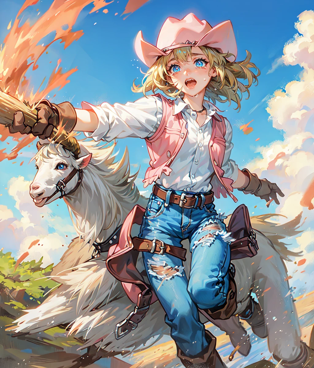 Anime screencap, masterpiece, best quality, detailed face, detailed eyes, 1girl, solo, medium hair, blonde hair, blue eyes, white shirt, pink vest, jeans, boots, full body, running, open mouth, tears, cowboy shot, goat mounting, outdoors, ranch<lora:Kathy:1>