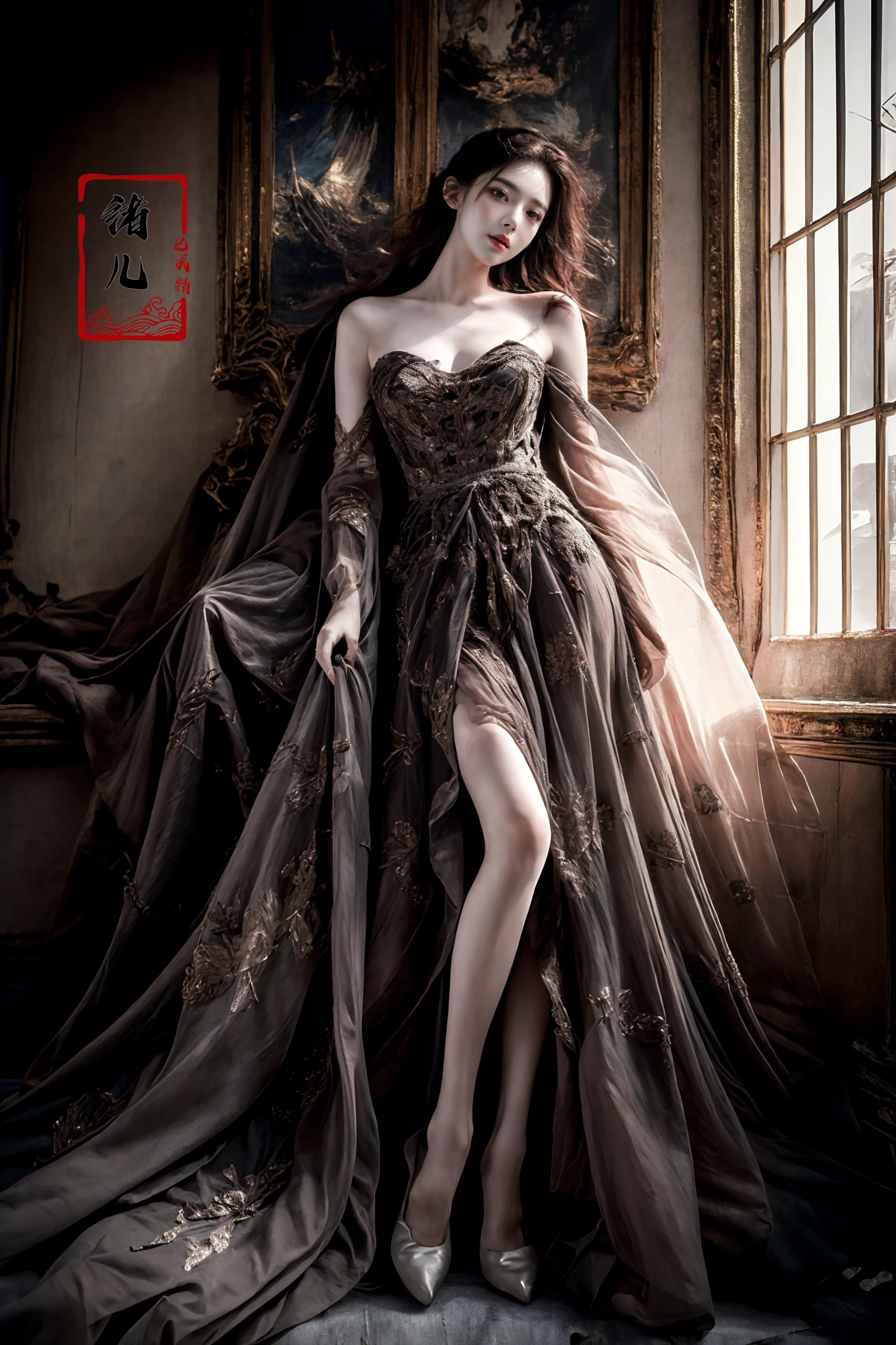 ultra high resolution, ((masterpiece))), (((best quality))), ((super detailed)),  ((extremely delicate and beautiful)),cinematic light, detailed environment(real),
(realistic, photo-realistic:1.37), extremely detailed, photography, 8k, Amazing, finely detailed, best quality, ultra high res,
1girl, (full body:1.1), A mature face
<lora:~Q?-[y<g
 xuer extravagant gown:0.8>