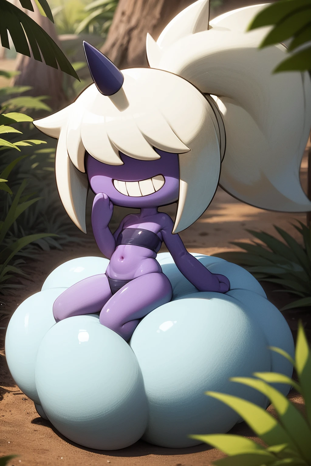 masterpiece, best quality, 1girl, dazzy, white hair, ponytail, hair over eyes, single horn, purple skin, cloud, grin, solo, trees, jungle background, <lora:Dazzi:1>