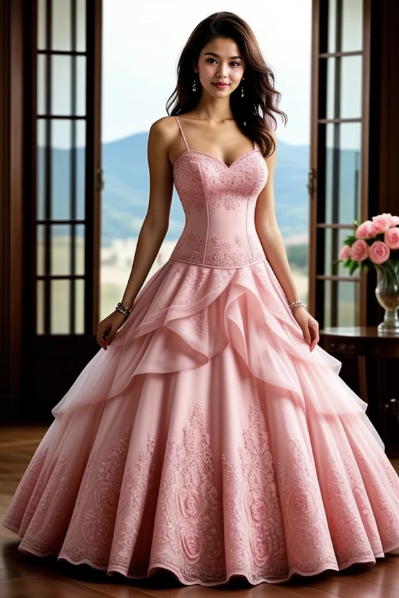 1girl, mature, beautiful, cute, hourglass body, masterpiece, scenic view
<lora:Pink_Gown_By-Stable_Yogi:1> crochet pattern, pink ballgown, pink roses pattern gown