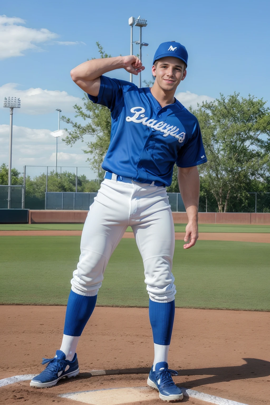standing on a baseball field, DaneDekota is a baseballplayer, slight smile, baseball uniform, (blue cap), blue jersey, white pants, (blue socks), long socks, (black sneakers), looking at viewer, masterpiece, ((full body portrait)), wide angle <lora:Clothing - Sexy Baseball Player:0.6> <lora:DaneDekota:0.8>
