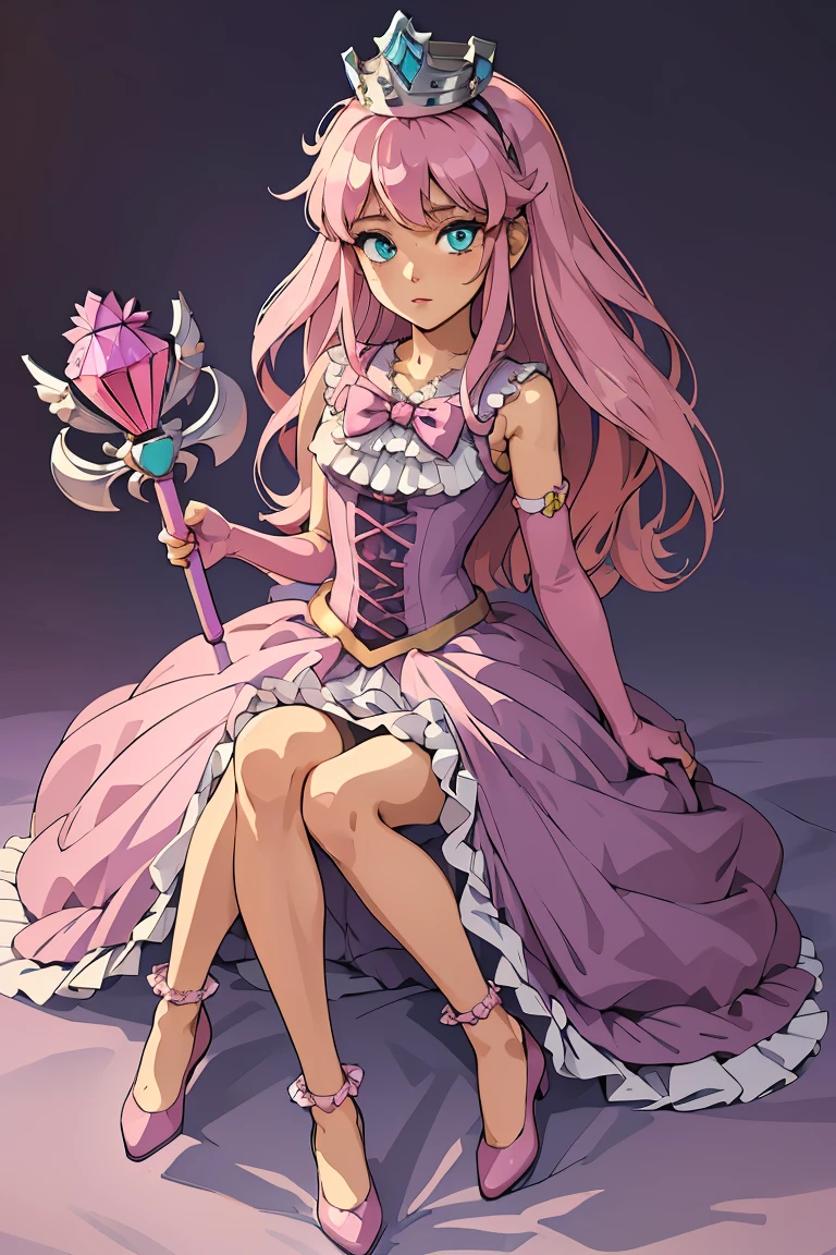 (masterpiece, best quality), 1girl, <lora:Princess:0.8> pterraria, aqua eyes, pink hair, crown, pink bow, pink dress, elbow gloves, frills, purple footwear, scepter, holding scepter
