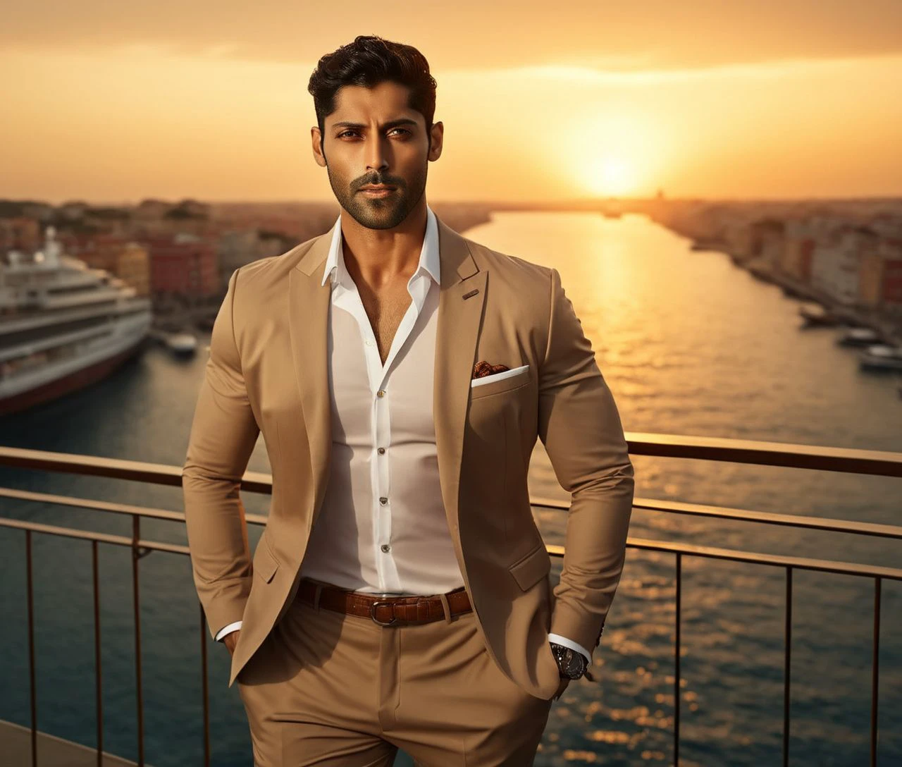Nautical-themed (Photo:1.3) of (Ultrarealistic:1.3) <lora:Man_Men_FFashion:1> mahesh jadu a man <lora:Smaran-Sahu_Mahesh-Jadu:1> in a tan suit standing on a balcony, sun behind him, inspired by Pablo Munoz Gomez, shot at golden hour, editorial photograph, midshot of a hunky, by Roman Bezpalkiv, by Artur Tarnowski, maxim sukharev, by Gabor Szikszai,Highly Detailed,(Mono Color:1.3) . Sea, ocean, ships, maritime, beach, marine life, highly detailed