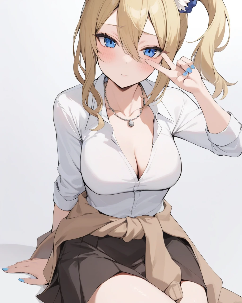 masterpiece,best quality,<lora:Hayasaka_Ai:1>,1girl, hayasaka ai, solo, white background, simple background, looking at viewer, hand up, blush, cat ears, closed mouth, animal ear fluff, thighs, collarbone, shuuchiin academy school uniform, white shirt, collared shirt, sweater around waist, skirt, long sleeves, v, nail polish, blue nails, necklace, blue scrunchie, heart, arm support