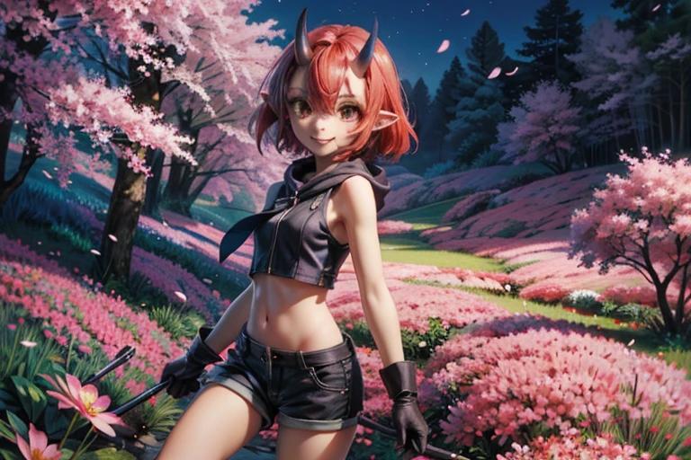 (masterpiece, best quality:1.2), highres, best illustration, 8k wallpaper, (Traditional Media), (2d:1.2), wide shot, (dynamic angle:1.1), , outline, ((thick lineart)), cover, stylish, official art, (details:1.2), (fantasy), garden, (bloom:1.1), glow:0.2, shadow, nature, cherry blossoms, particles, (depth of field), sharp focus, (volumetric lighting), (bokeh:0.6), film grain:0.4, day, (soft lighting:1.1), youukki, smile, short hair, red hair, oni horns, brown eyes, hair between eyes, pointy ears, skin-covered horns, looking at viewer, gloves, black gloves, midriff, sleeveless, fang, bare shoulders, shorts <lora:Himesama_Goumon_Youukki_00_01:0.5>