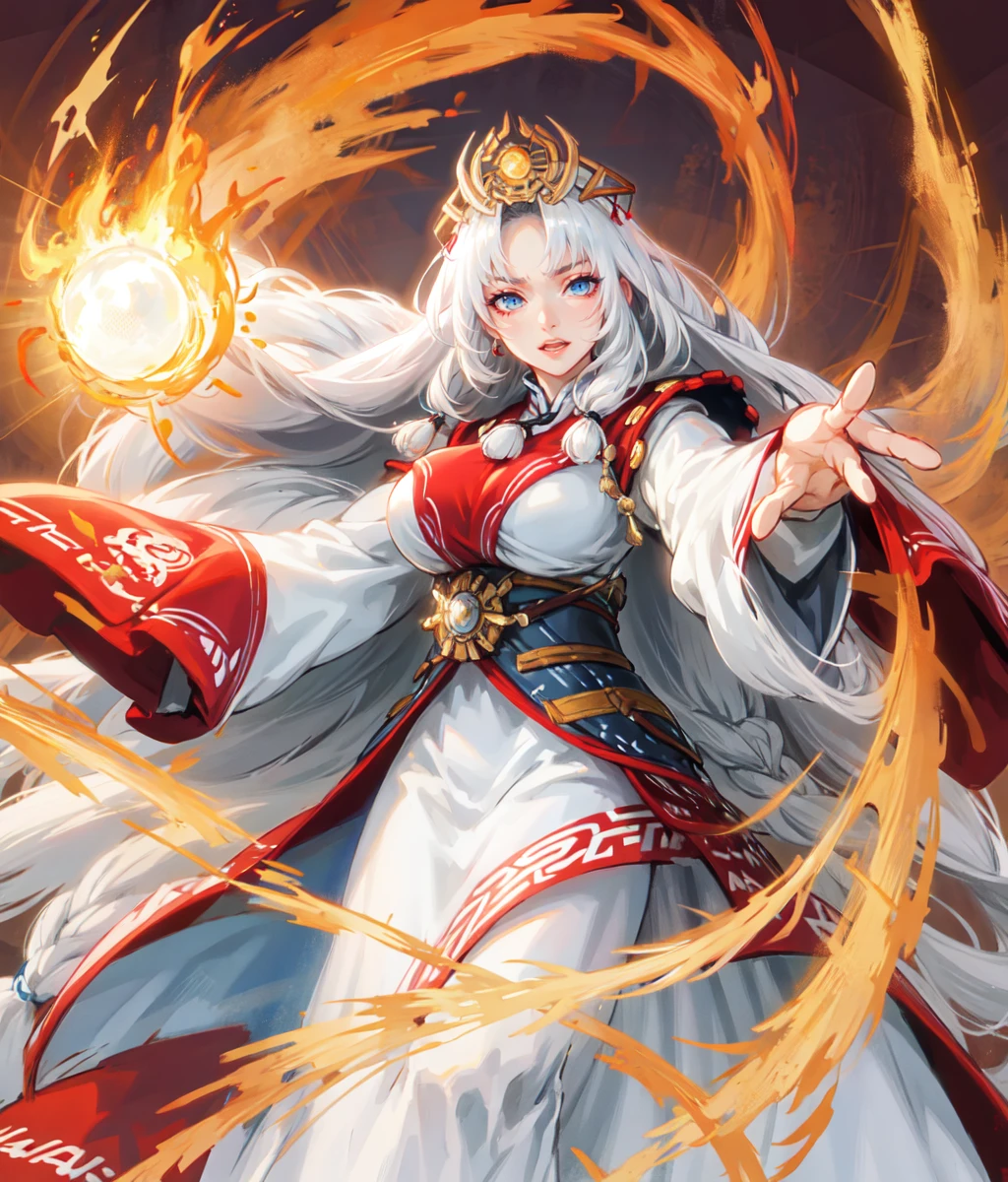 masterpiece, high res, detailed face, detailed eyes, 1 woman, solo, mature, white hair, long hair, fluffy hair, forehead, blue eyes, big breasts, white dress, white shirt, chinese clothes, head ornament, proud, long sleeves, cowboy shot, full body, angry, both arms extended, fire, exploding sun, outdoors, standing, outdoors, sea, <lora:Arshtat:1>
