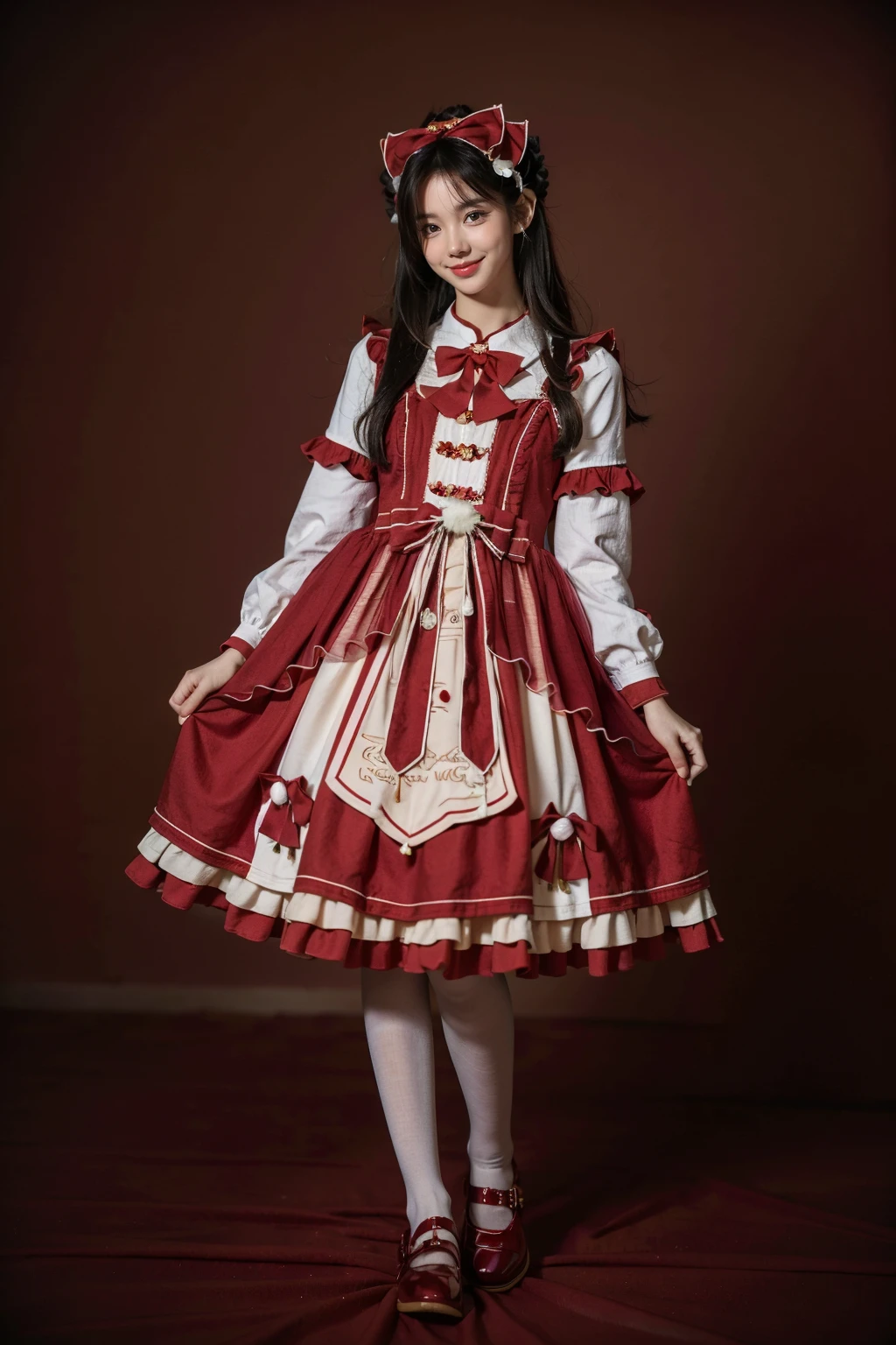 Create an 8K version of the character Alice.

《Red Cliff》alice doll: it should look charming and beautiful, Keep the iconic elements of the original characters. Alice Chibi must have a round face，large size, Clear eyes, long eyelashes and rosy cheeks. Your hair should be short and light brown or light brown.

Very beautiful dress: Vestir Alice chibi em um Very beautiful dress e elegante em tons de vermelho ou branco. This dress may have ruffles, income & detail, Reference to the Wonderland theme. Add a ring or ribbon, Add a touch of sophistication.

apron & bow: Adicione um apron branco sobre o vestido de Alice Chibi, Tie with a thin bow around the waist. O apron pode ter pequenos detalhes, such as pockets or fine embroidery.

cute socks and shoes: 用藍白條紋襪子或有趣的細節完成愛麗絲的Red Cliff造型. Standing, Put on cute baby shoes, Has a tie or buckle.

Magic accessories: 為愛麗絲的Red Cliff添加迷人的配件, Like a bow in your hair or a headpiece with fairyland details. You also get beautiful themed accessories.

Be sure to add shadows, 头发的纹理和detail, 愛麗絲Red Cliff的衣服和配件, Make it even more charming and captivating. Give him a smiling face，Put a sweet smile on his face, Capture the character&#39;s essence in a subtle and captivating way.