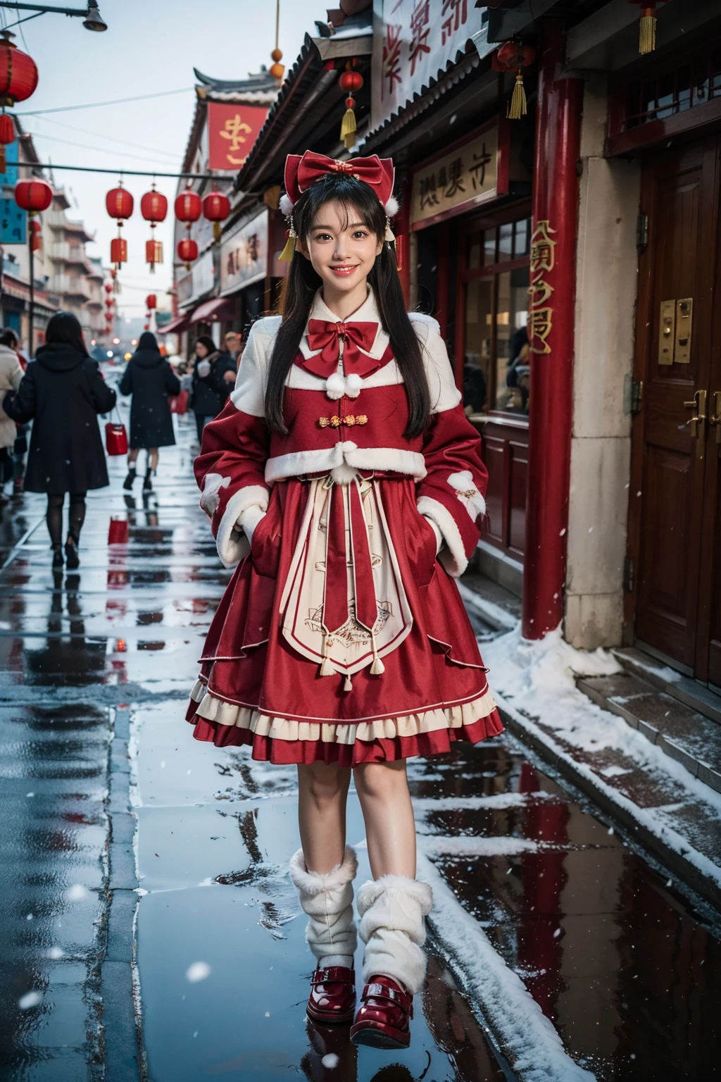 best quality, masterpiece, photorealistic, realistic, 1girl, solo, looking at viewer, smile, full body, long black hair, straight hair, bangs, blunt bangs, standing, cyb dress, layered dress, long sleeves, hair bow, frilled dress, overcoat, bowtie, leg warmers, shoes, lantern, rich detailed, spring Festival, snowfall, retro architecture streets, pedestrians, chinese antique, chinese new year, <lora:chinese_new_year_dress_style1_v1:0.7>