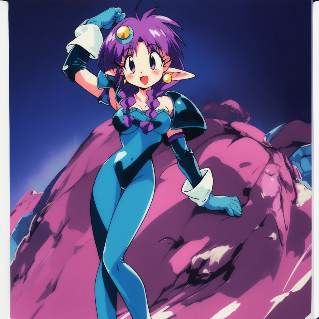 <lora:Arara_Cocoa:0.8>ãAraraCocoa, 1girl, solo, pointy ears, braid, gloves, long hair, retro artstyle, earrings, 1990s (style), blush, jewelry, open mouth, hair over shoulder, full body, purple hair, crescent hair ornament, single braid, braided ponytail, smile, armor, pauldrons, shoulder armor, looking at viewer, bangs, pink gloves, black eyes, blue bodysuit, bodysuit, sky, masterpiece, high quality, very_high_resolution, large_filesize, full color,