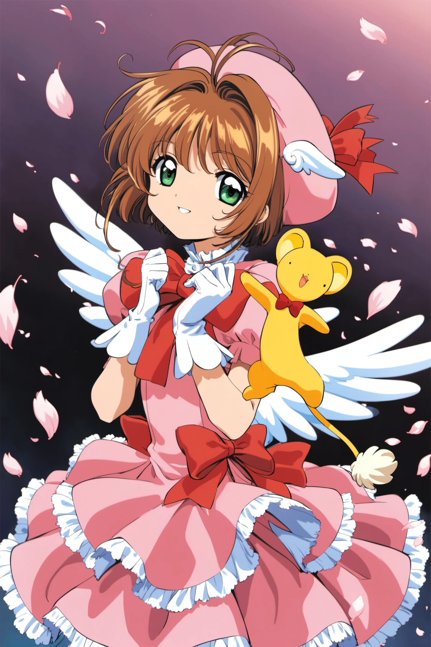1girl, brown hair, kinomoto sakura, hat, gloves, dress, green eyes, white gloves, kero, wings, magical girl, bow, short hair, short sleeves, pink headwear, puffy sleeves, looking at viewer, puffy short sleeves, petals, smile, red bow, antenna hair, frills, solo focus, white wings,<lora:Card Captor Sakura Anime_XL:0.8>