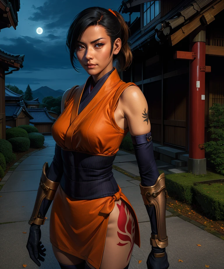 Kaede,short black hair,small ponytail,serious,left thigh tattoo,
standing,looking at viewer,
black thighhighs,gloves,sleeveless,short orange kimono,elbow gloves,bronze arm guards,
night time,edo japan,
(insanely detailed, beautiful detailed face, masterpiece, best quality),<lora:Kaede-10ONMv8:0.8>,