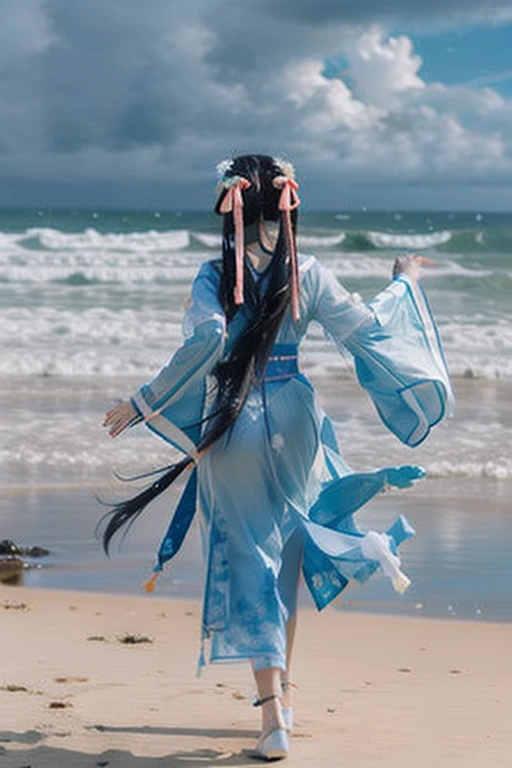 ltra-detailed,highly detailed,best quality,masterpiece,illustration,realistic,photorealistic,
baimoqing, 1girl, solo,
hanfu, sash, long sleeves, chinese clothes, ribbon, wide sleeves, jewelry, anklet, chinese shoes, tassel,
very long hair, hair ornament, hair ribbon, hair bun,
full body, from behind, facing away,open arms, running,
outdoors, beach, water, waves, ocean, sand, day, shore, sky, splashing, cloud, blue sky, flower, wind,floating hair,
<lora:baimoqing_v1_07:0.9>