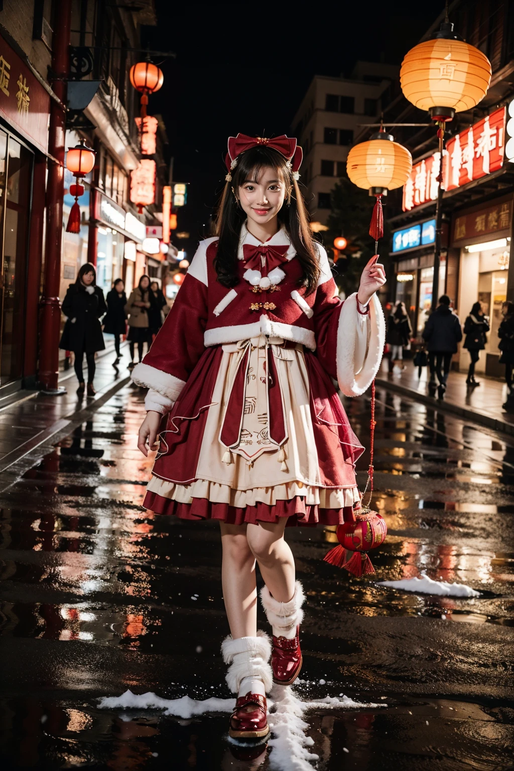 best quality, masterpiece, photorealistic, realistic, 1girl, solo, looking at viewer, smile, full body, long black hair, straight hair, bangs, blunt bangs, standing, cyb dress, layered dress, long sleeves, hair bow, frilled dress, overcoat, bowtie, leg warmers, shoes, lantern, rich detailed, spring Festival, snowfall, retro architecture streets, pedestrians, chinese antique, chinese new year, <lora:chinese_new_year_dress_style1_v1:0.7>