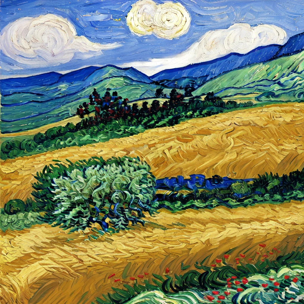 anchemixvangogh,outdoors,traditional media,sky,scenery,shore,field,