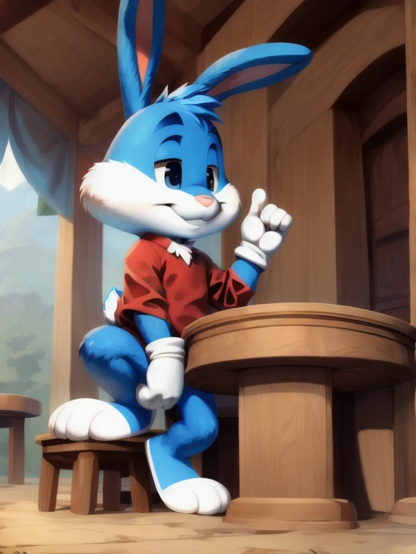 concept art <lora:Baster_v3_FR70:0.8>, <lora:Furtastic_Detailer:0.7>, solo, Baster, bunny, male, blue body color, white cheeks, white belly, white legs, white gloves on hands, pink nose, white tail, blue ears, erect ears, rabbit teeth, colorless eyes, blue eyelids, Red T-shirt, sits by the table, mouth closed, young, Small body, dwarf
flat colors, 2d . digital artwork, illustrative, painterly, matte painting, highly detailed
