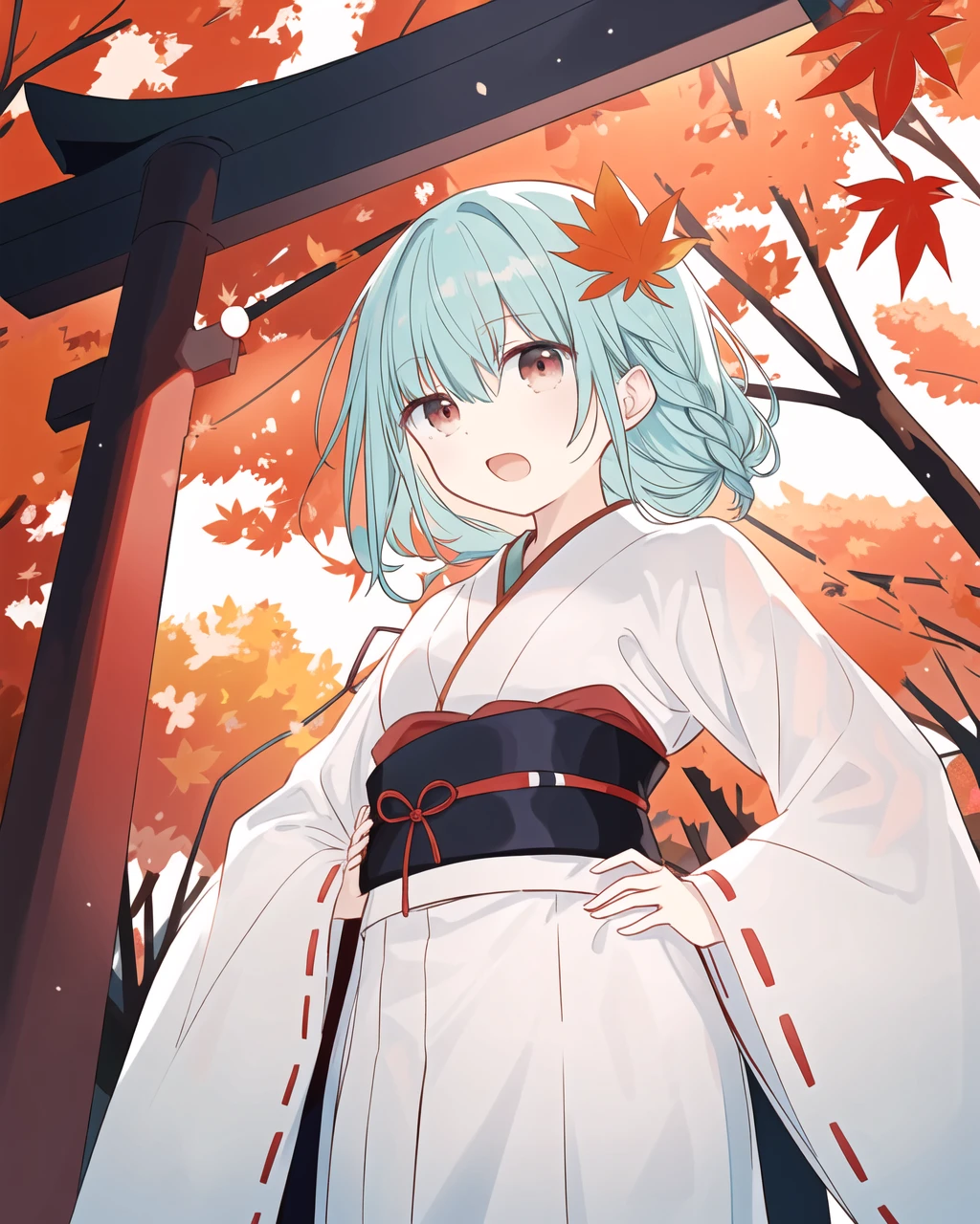 masterpiece,best quality,highres,
medium hair,aqua hair,curly hair,multicolored eyes,parted bangs,side braid,hair ornament,miko,kimono,(â©),outdoors,(ð),from below,shrine,serious,open mouth,hand on hip,looking at viewer,(ð),
best lighting and shadow,stunning color,radiant tones,ultra-detailed,amazing illustration,an extremely delicate and beautiful,