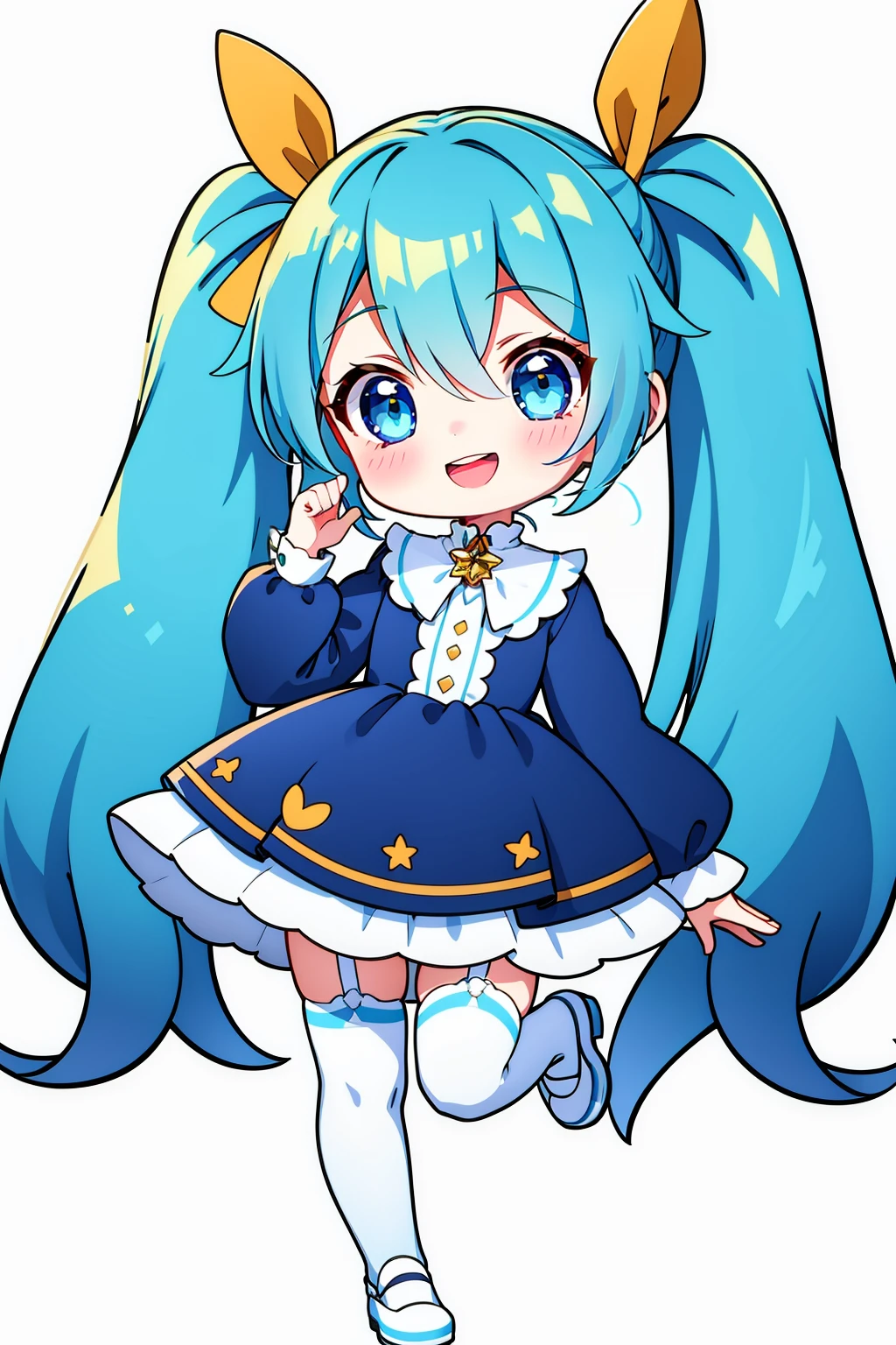 chibi, 1girl, solo, blue eyes, twintails, hatsune miku, thighhighs, long hair, dress, smile, blue hair, white background, very long hair, blue dress, garter straps, looking at viewer, open mouth, white thighhighs, shoes, bow, standing, long sleeves, standing on one leg, hair bow, full body, :d, bangs, blush, hair between eyes, white bow, white footwear, blue footwear,<lora:chibi style-000020:0.7>,