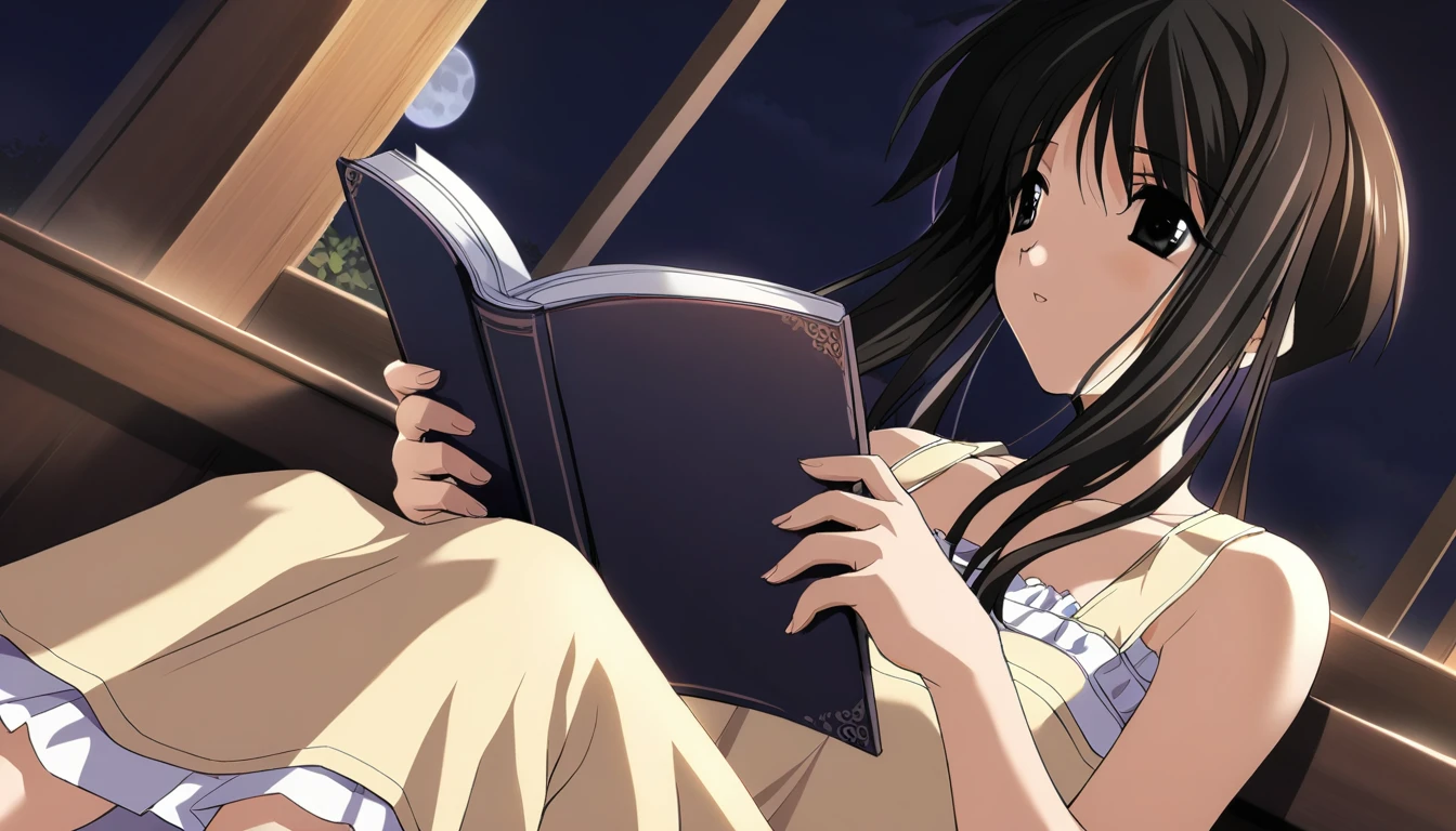 1girl,minami tsubame,yellow dress, 1girl, solo, masterpiece, best quality, game cg, book, reading, window, moon, night, sitting, dutch angle<lora:MinamiTsubameXL:1>
