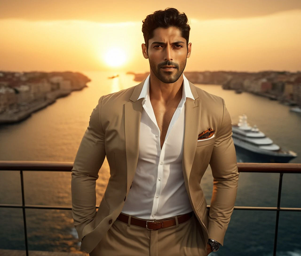 Nautical-themed (Photo:1.3) of (Ultrarealistic:1.3) <lora:Man_Men_FFashion:1> mahesh jadu a man <lora:Smaran-Sahu_Mahesh-Jadu:1> in a tan suit standing on a balcony, sun behind him, inspired by Pablo Munoz Gomez, shot at golden hour, editorial photograph, midshot of a hunky, by Roman Bezpalkiv, by Artur Tarnowski, maxim sukharev, by Gabor Szikszai,Highly Detailed,(Mono Color:1.3) . Sea, ocean, ships, maritime, beach, marine life, highly detailed