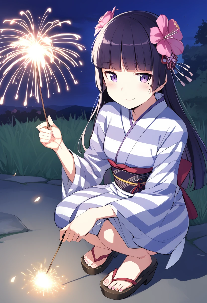 1girl, gokou ruri, sparkler, japanese clothes, fireworks, solo, kimono, mole under eye, squatting, long hair, mole, outdoors, night, black hair, hime cut, purple eyes, striped kimono, flower, yukata, sandals, hair flower, hair ornament, smile, looking at viewer, full body, striped, blunt bangs, bangs, medium quality, late, <lora:char - gokou ruri - v1 - bionagato:1>