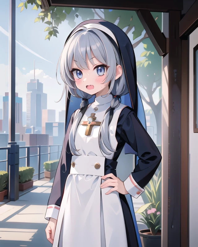anime,pov,8k,cg,((masterpiece, best quality, high resolution)),(((best quality))),((ultra-detailed)),beautiful detailed eyes,finely detail,cg,RedFace,(shy:1.2),
cosmetics,cowboy shot,twisting pose,Bending,white green theme,outdoors,park,tree, yo,
1girl,open mouth,teeth,fang,blue eyes,silver hair,blonde hair,short hair with long locks,highschool,nun,cross,priest uniform,<lora:Theresa_valkyrie_pledge_v4:0.3>,