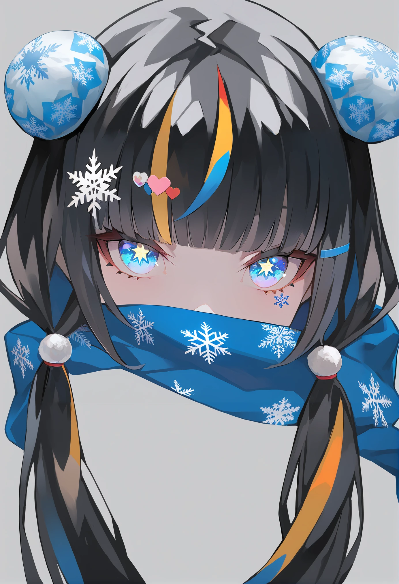 masterpiece, best quality, <lora:LAMXL_V1:1> 1girl, solo, blue scarf, black hair, scarf, hair ornament, looking at viewer, twintails, bangs, multicolored hair, hairclip, long hair, blue eyes, grey background, covered mouth, simple background, snowflake print, facial mark, star \(symbol\), symbol-shaped pupils, streaked hair