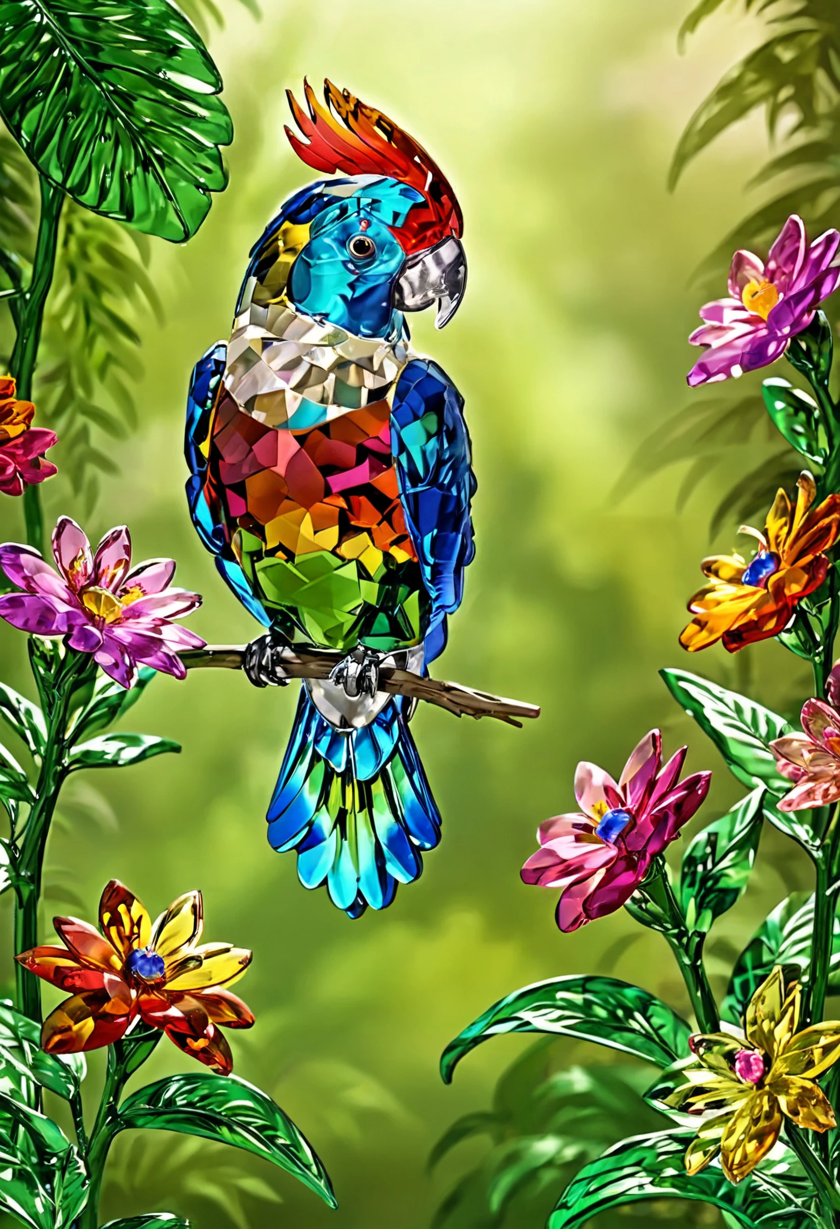 a colorful parrot sitting on a ranch,(jungle background:1.2)colorful flowers,realistic,highly detailed,realistic,lifelike,studio photo,highly detailed,colors,dynamic,cinematic,masterpiece,intricate,hdr,abstract fractal, pamcrystal