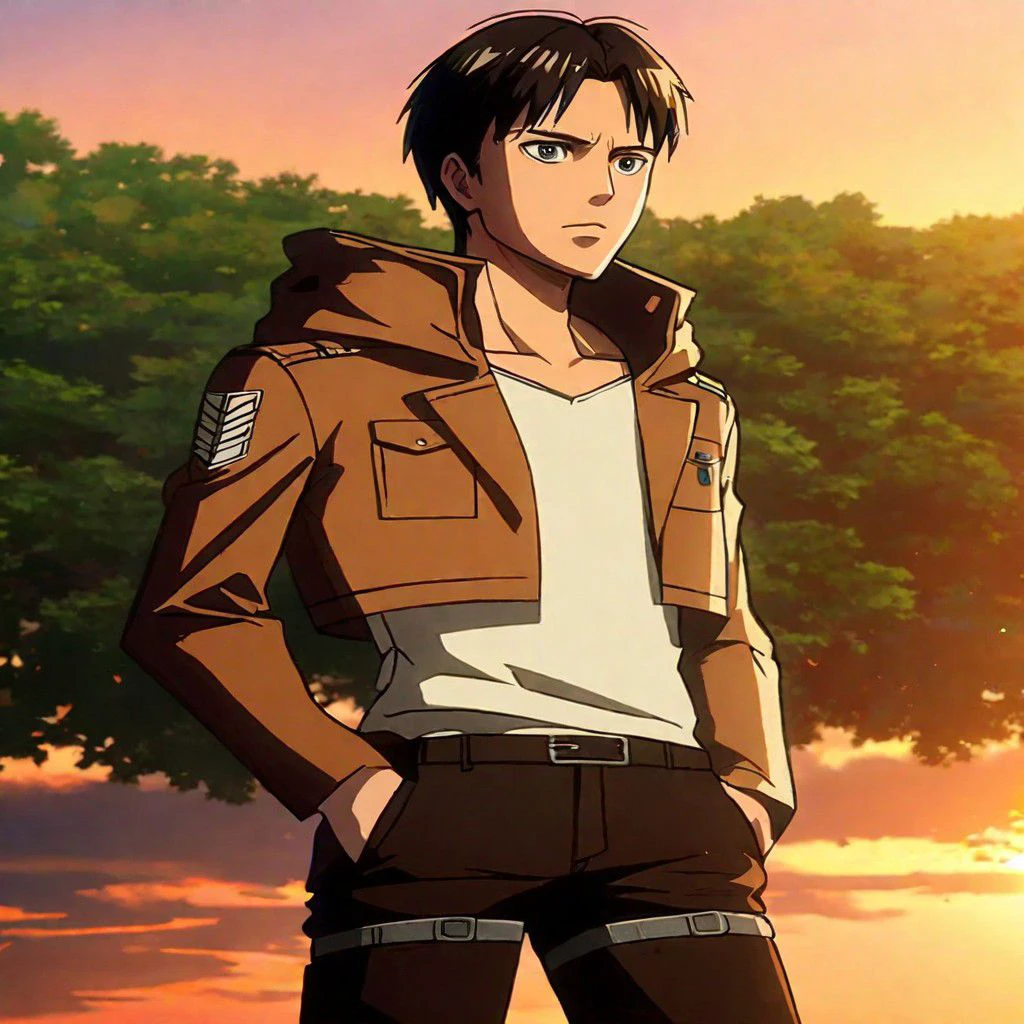 eren_jaeger, solo, muscular, sunset background, prairies, black hair, 1boy, male focus, pants, hood, coat,