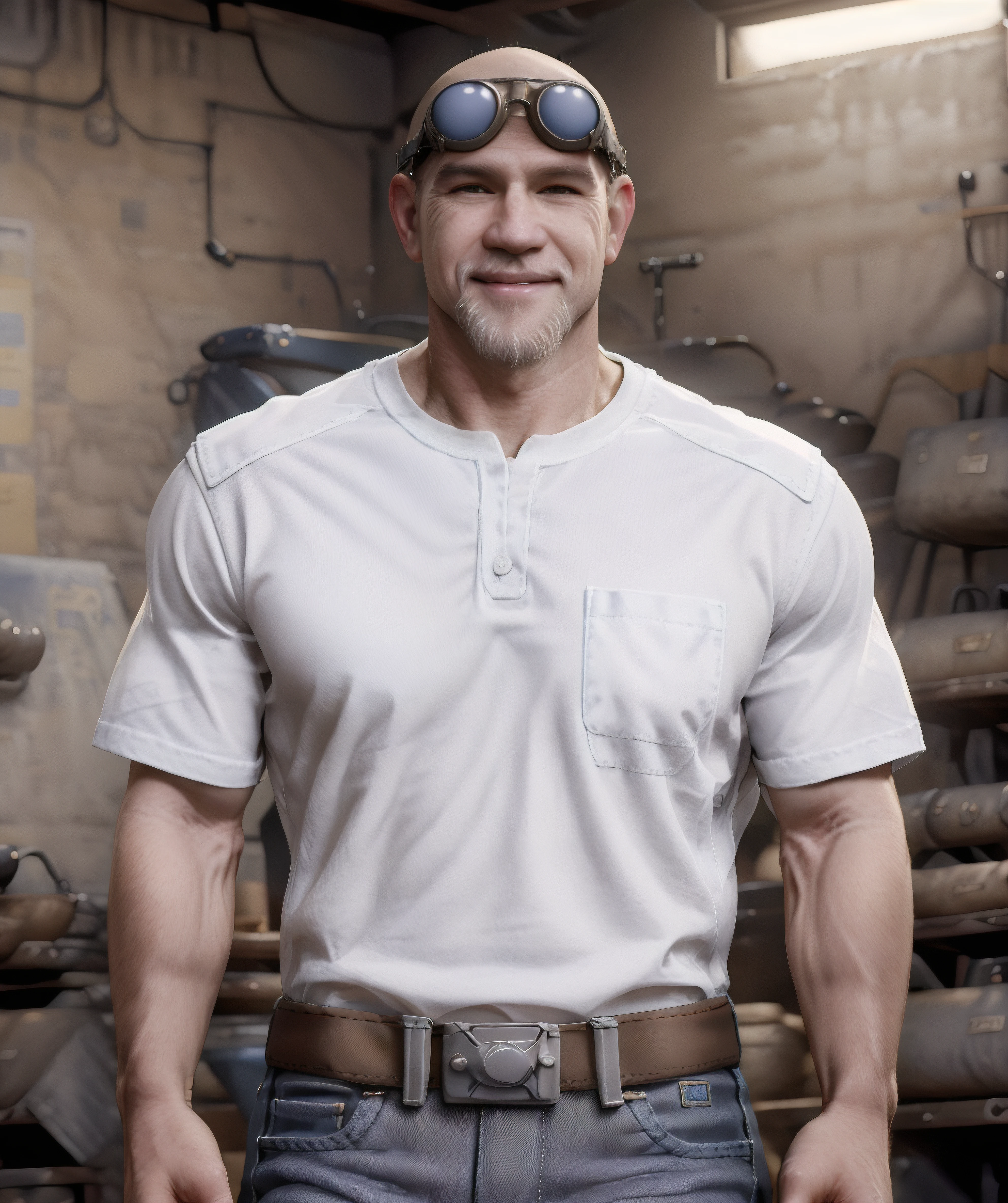old_damon_baird, bald, goggles, old, wrinkle, white beard, white t-shirt, jeans, hands in pocket, smiles, town <lora:Old_Damon_Baird:0.85>