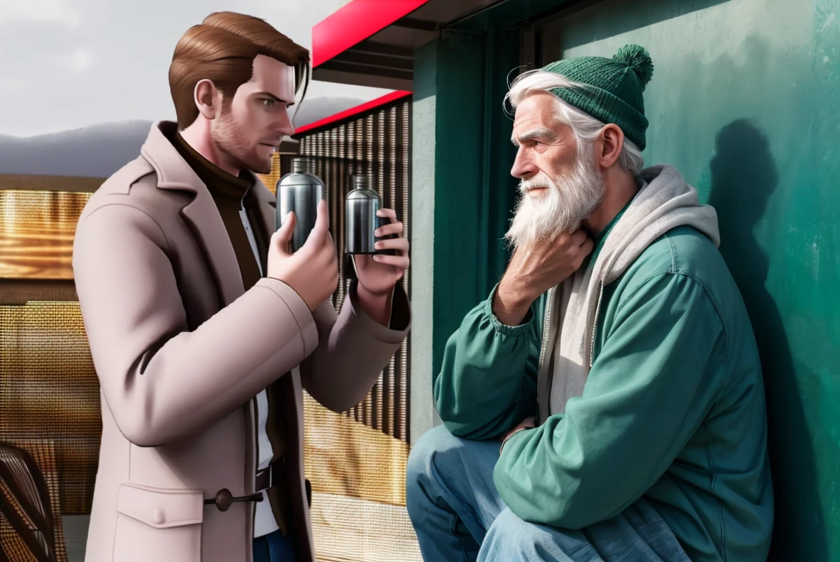 photorealistic, (RAW photo), 2men, from side, facing another,
BREAK
photorealistic, brenthalligan, <lora:BrentHalligan:0.5>, holding, (metal flask:1.2), brown coat, white shirt,
BREAK
homeless, old man, green beanie, disheveled, white hair, messy hair, beard