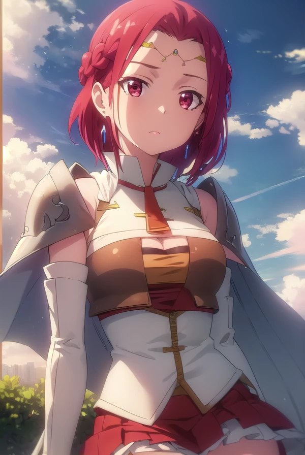 pinacolada, <lora:pina co lada s1s2-lora-nochekaiser:1>,
pina co lada, short hair, (red eyes:1.3), red hair, braid, single braid, braided ponytail,
BREAK skirt, thighhighs, cleavage, jewelry, earrings, detached sleeves, cape, armor, cleavage cutout, circlet,
BREAK outdoors, forest, nature, sun, sky, clouds, trees, grass,
BREAK looking at viewer, (cowboy shot:1.5),
BREAK <lyco:GoodHands-beta2:1>, (masterpiece:1.2), best quality, high resolution, unity 8k wallpaper, (illustration:0.8), (beautiful detailed eyes:1.6), extremely detailed face, perfect lighting, extremely detailed CG, (perfect hands, perfect anatomy),