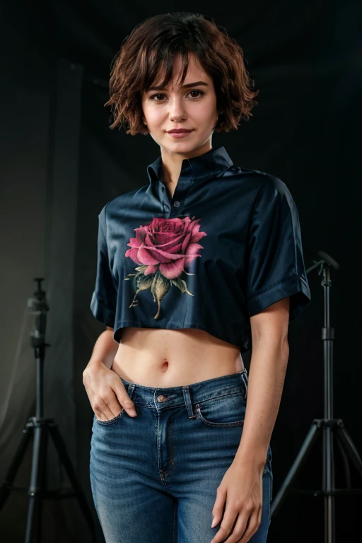 <lora:KW3:1.0> masterpiece, best quality, detailed face, realistic, solo, , k1873w, short_hair, black_hair, K1873W with a rose shirt, jeans posing for a picture , gradient