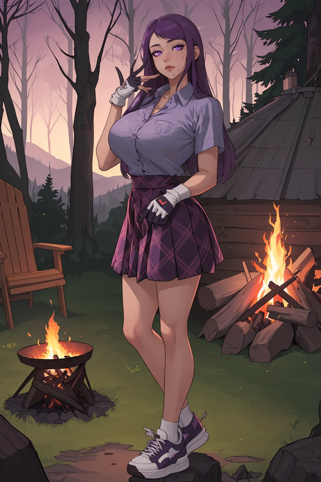 masterpiece, best quality, <lora:EPfeIvy-07:0.7> EPfeIvy, solo, 1girl, purple hair, long hair, purple eyes, mole under mouth, large breasts, column lineup, cabin, forest, campfire, dusk, index finger raised, collared shirt, plaid_skirt, gloves, sneakers, distracted, aloof, oblivious