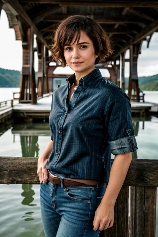 <lora:KW3:1.0> masterpiece, best quality, detailed face, realistic, solo, , k1873w, short_hair, black_hair, K1873W with a brown shirt, jeans posing for a picture , frozen lakeside